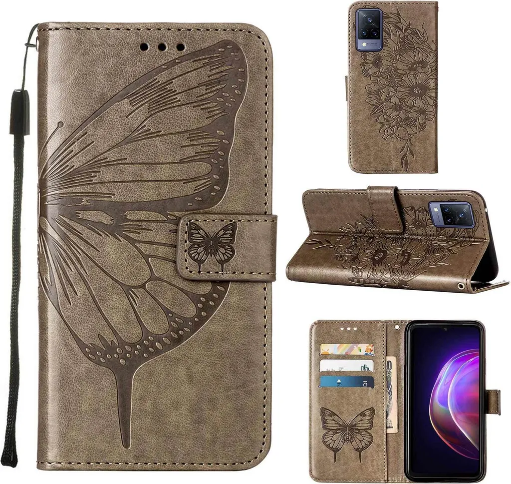 Cover Portafoglio VIVO V21 5G Pelle Grigia Farfalla Goffrata