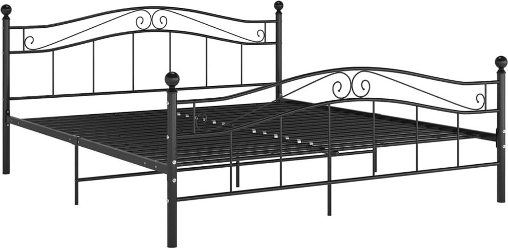 A black metal bed frame is shown against a white background.