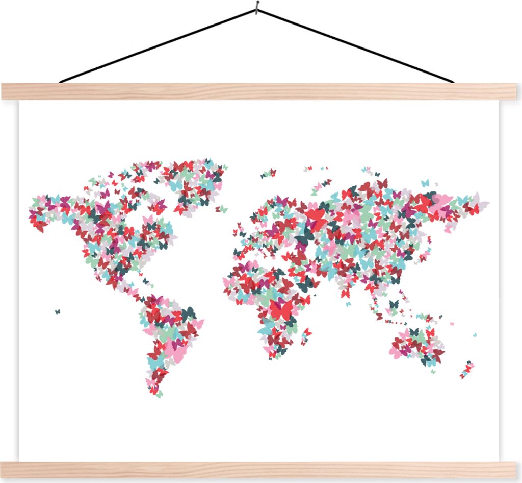 MuchoWow Textilposter Weltkarte - Schmetterlinge - Farben 60x45 cm mit holzfarbenen Rahmen - Bild