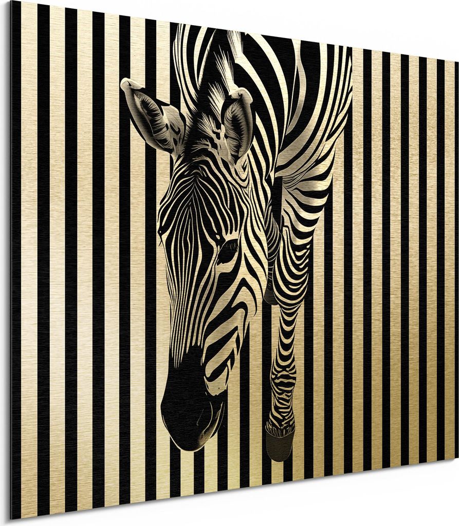DEQORI Alu-Dibond Bild Gold 40x30 cm 'Zebra im Streifenrausch' Wandbild Metall dünn