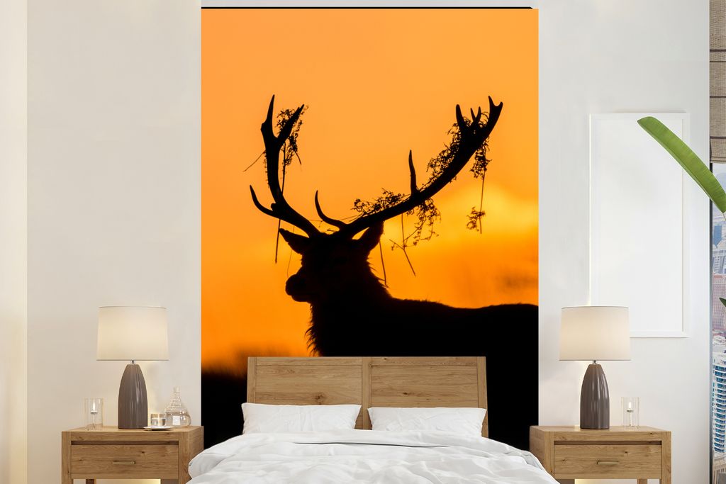 MuchoWow Fototapete für Wohnzimmer oder Schlafzimmer Wandtapete Vinyl Motivtapete Hirsch - Orange - Scherenschnitt - Tiere - Natur - 180x280 cm ...
