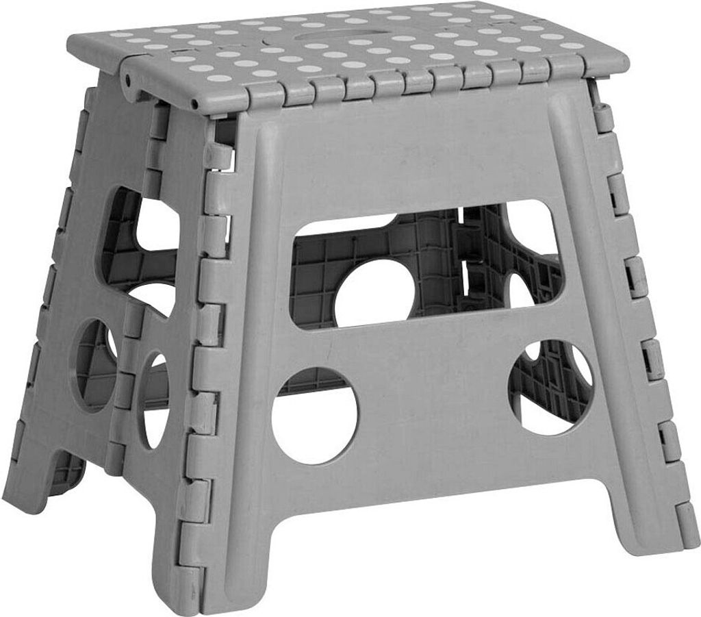 A gray folding step stool is shown against a white background.