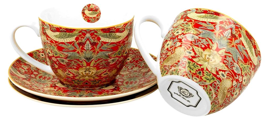 Kollektion Art Gallery von William Morris - Set aus 2 Tassen mit Untertassen Strawberry Thief RED aus New Bone China Porzellan in Geschenkbox, Kaff...