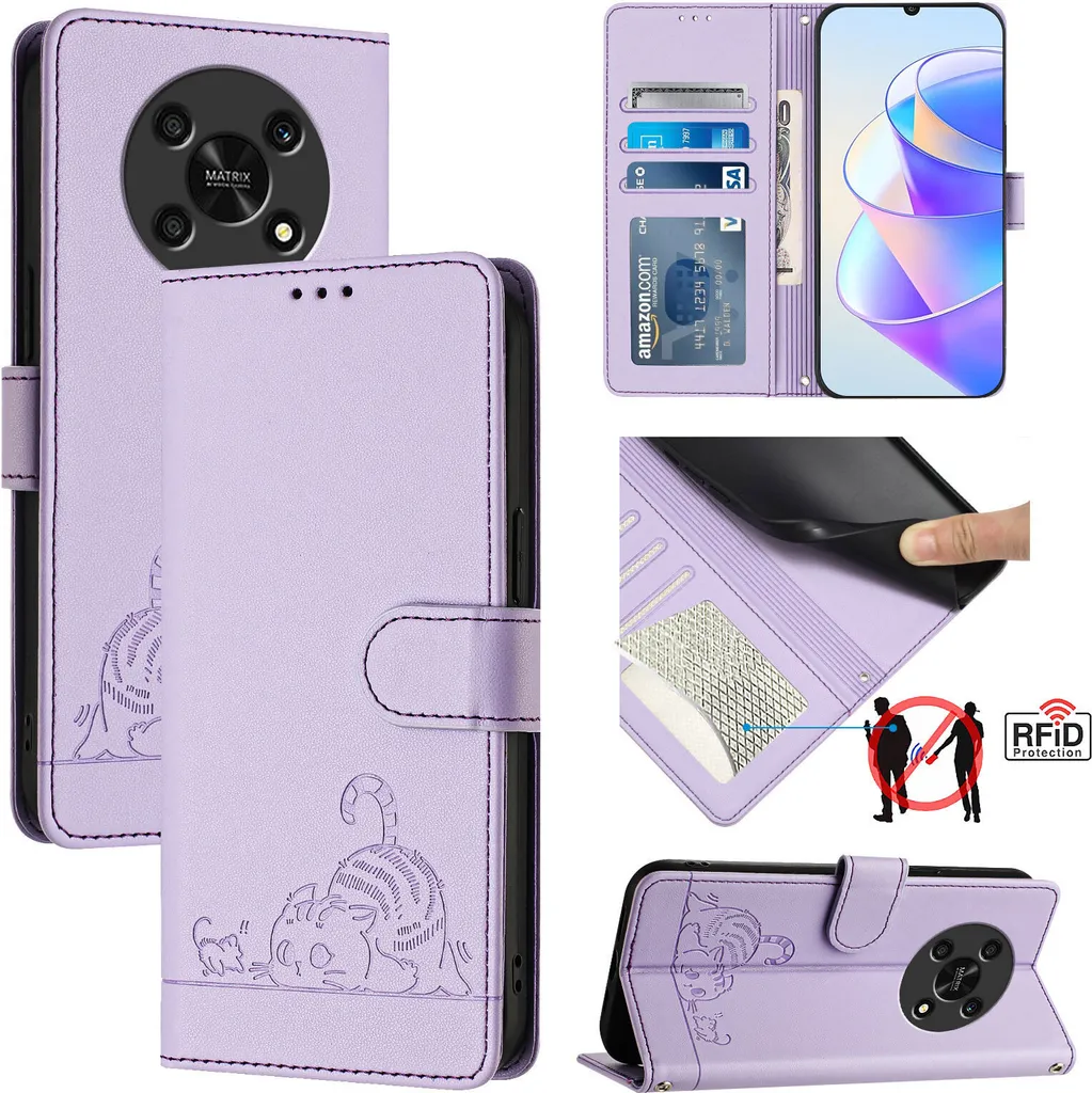 Cover Honor X9 a Libro Viola con Gatto - Protezione Totale Portafoglio