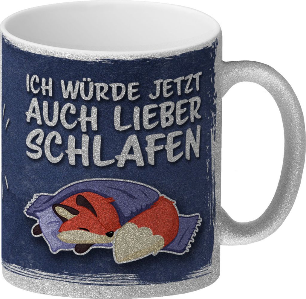 Ich würde jetzt auch lieber schlafen Glitzer-Kaffeebecher mit süßem Cartoon
