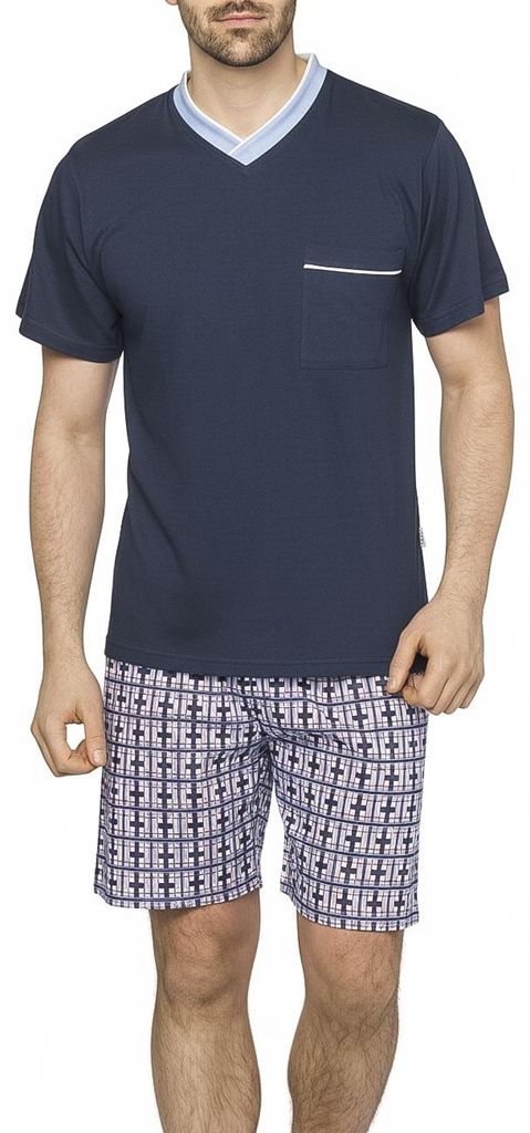 Moonline - Herren Shorty Schlafanzug kurz Pyjama mit karierter Hose aus 100% Baumwolle ; Hellblau , 54/56