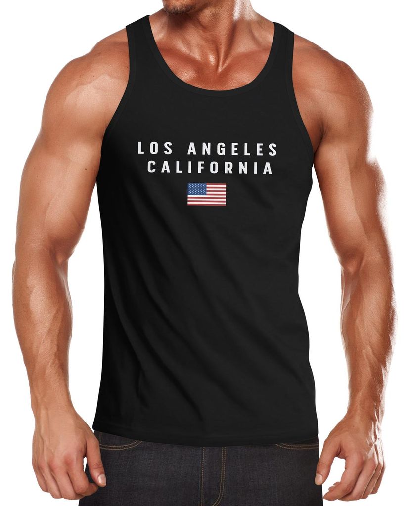 Herren Tank-Top Bedruckt Schriftzug California Los Angeles USA Amerika Flagge Muskelshirt Muscle Shirt Neverless schwarz S