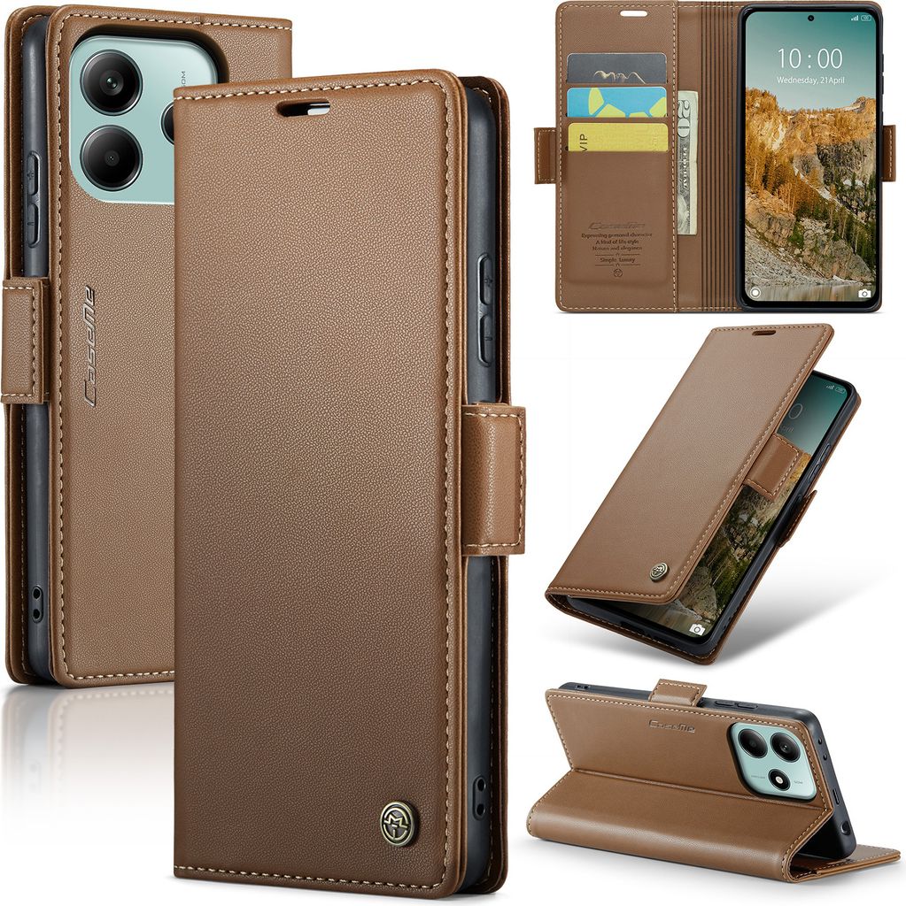 Lederhülle für Xiaomi Redmi Note 14 5G Brieftasche Kartenfach Schutzhülle mit Standfunktion Braun