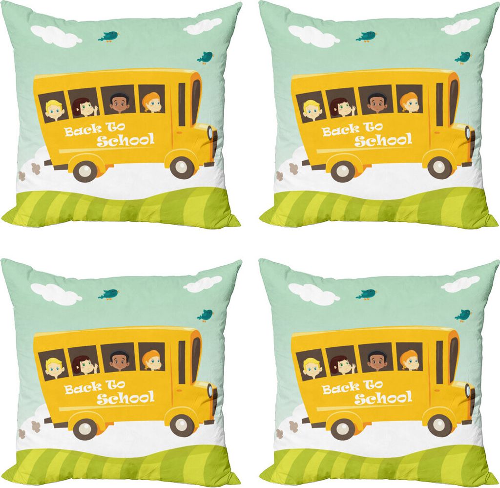 ABAKUHAUS Schulbus Kissenbezug Set (4 Stück), Back to School-Beschriftung, Moderner Doppelseitiger Digitaldruck, 50 cm x 50 cm, Mehrfarbig