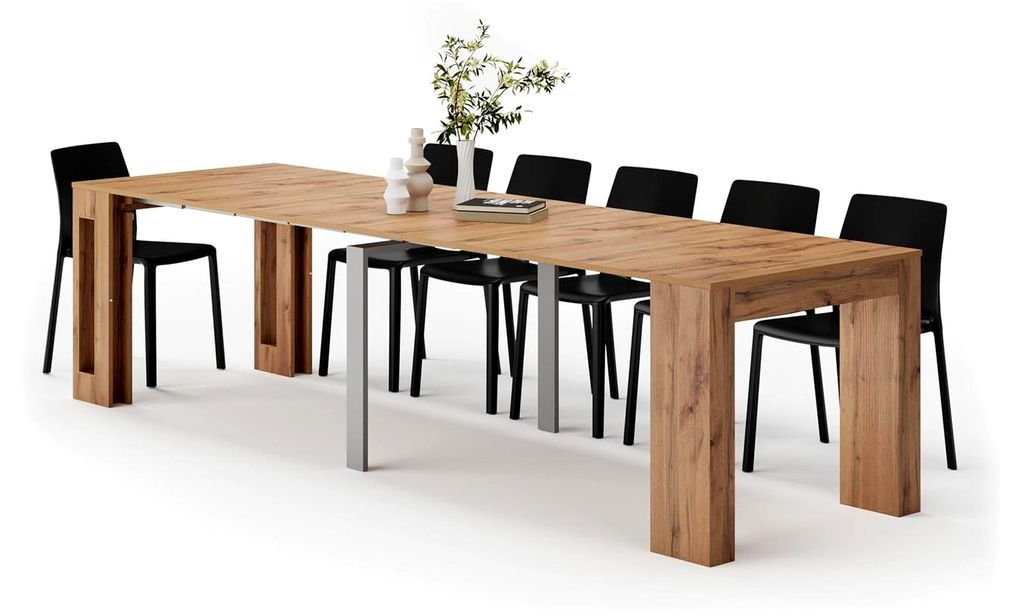 Ausziehbarer Konsolentisch Easy mit Halterung für Verlängerungsplatten, 45(305) x 90 cm, rustikale Eiche