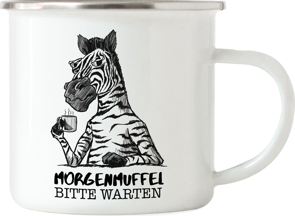 Morgenmuffel Bitte Warten Emaille Tasse Kein Morgenmensch Produktbild 