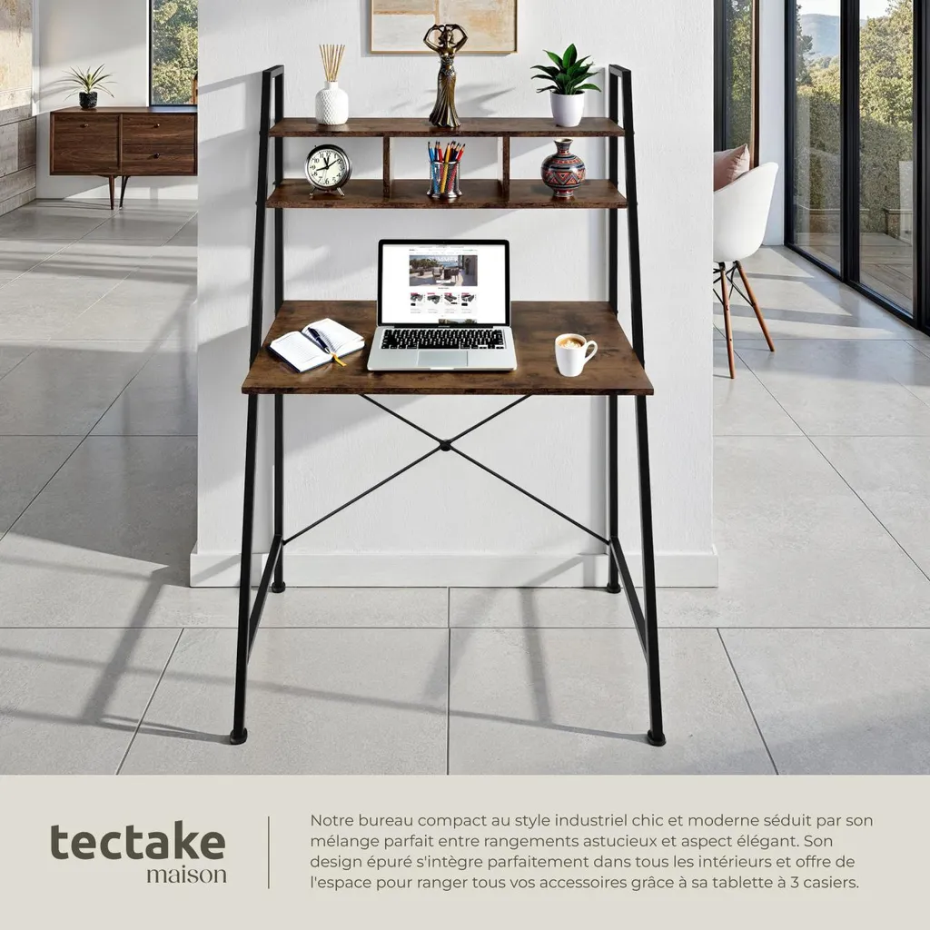 Petit bureau industriel Exeter bois foncé 85cm - Structure stable et robuste