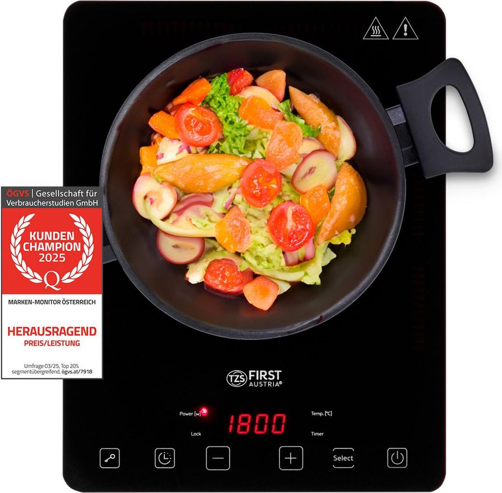 TZS First Austria Induktionskochplatte - 2000W - 10-Temperaturstufen - Timer, Kindersicherung & Überhitzungsschutz