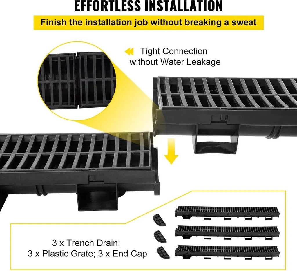 Sistema di drenaggio a fossa, canale di scolo con griglia in plastica, fossa di drenaggio in HDPE 145x79 mm, scarico per pavimento garage in plastica nera, griglia per fossa di drenaggio 3x39, con 3 tappi terminali, per giardino, vialetto - confezione da 3 - 3