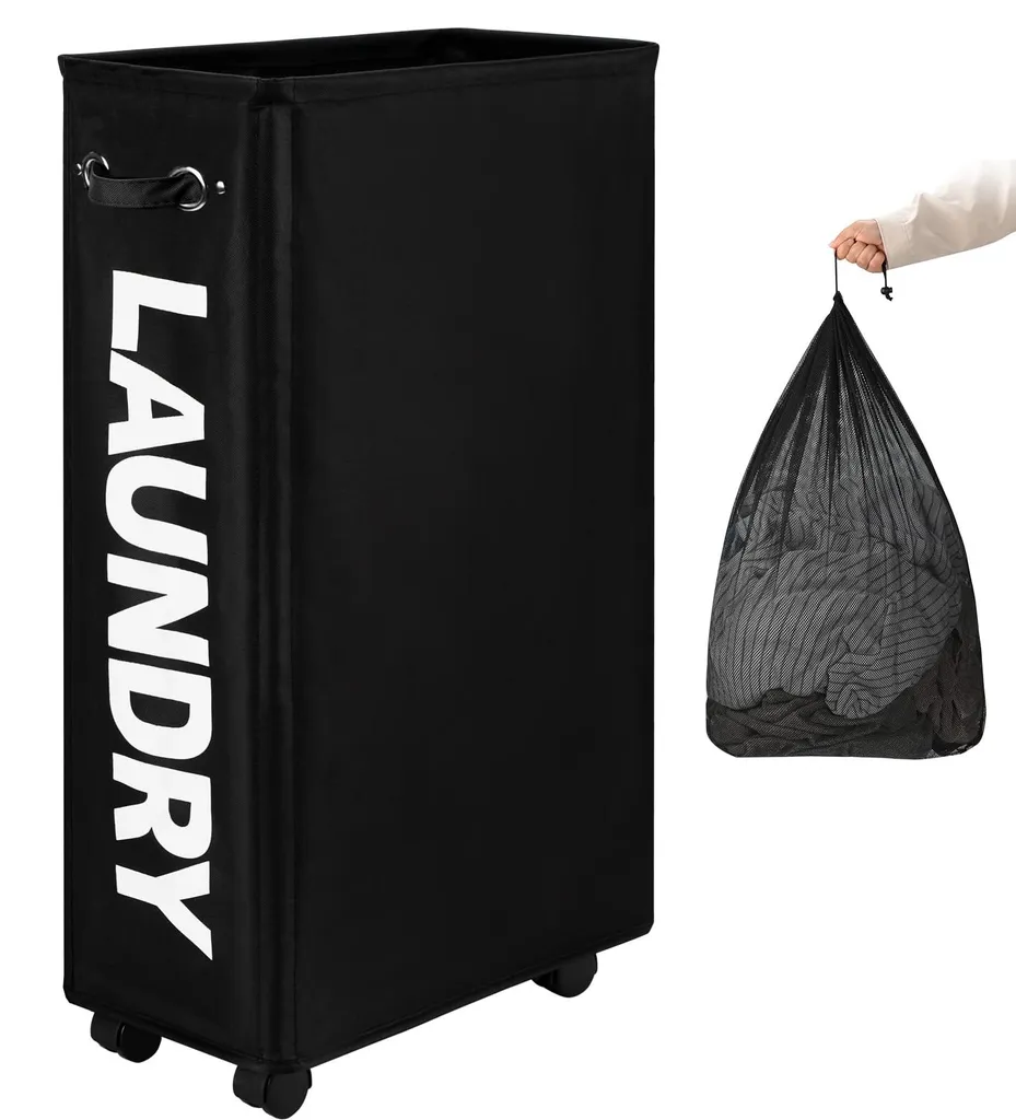 Panier à linge pliable noir 74 cm avec sac amovible et roulettes