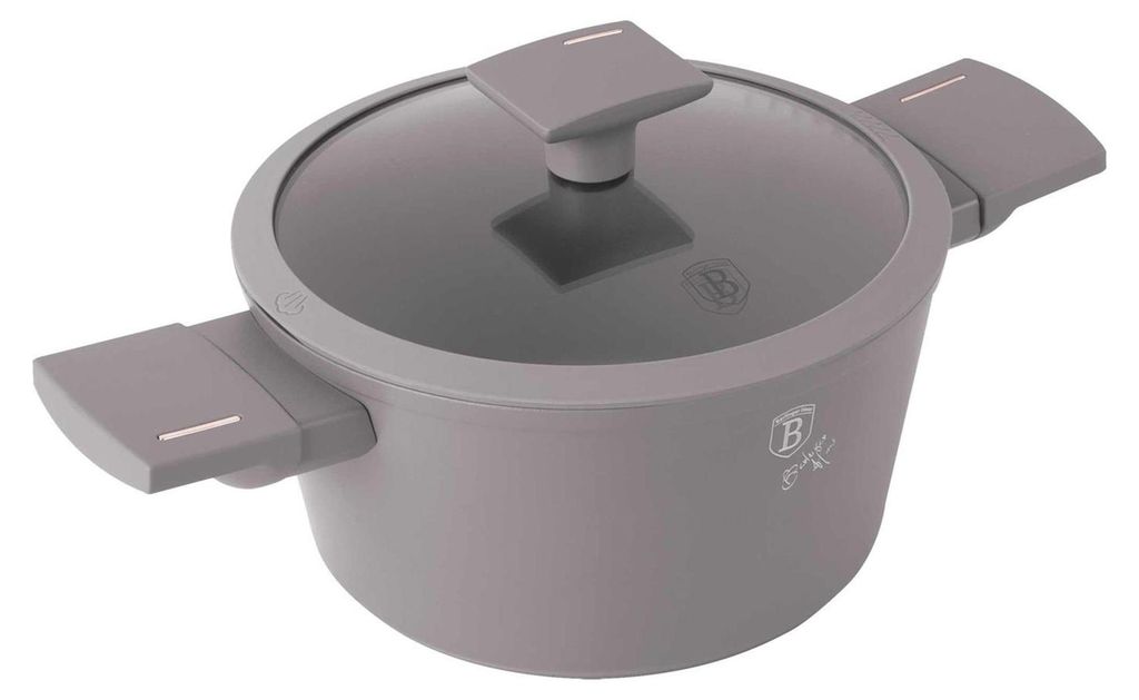 A gray pot with a glass lid and handles, shown from a slightly elevated side view against a white background.