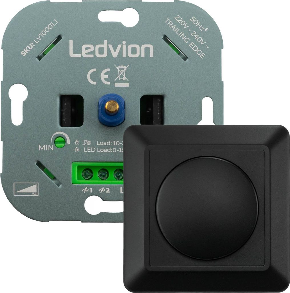 Ledvion - LED Dimmer Schalter, Drehdimmer Unterputz Dimmschalter, Phasenabschnitt, für dimmbare LEDs 3–250W / Halogen 3–300W, 220-240V, Schwar...