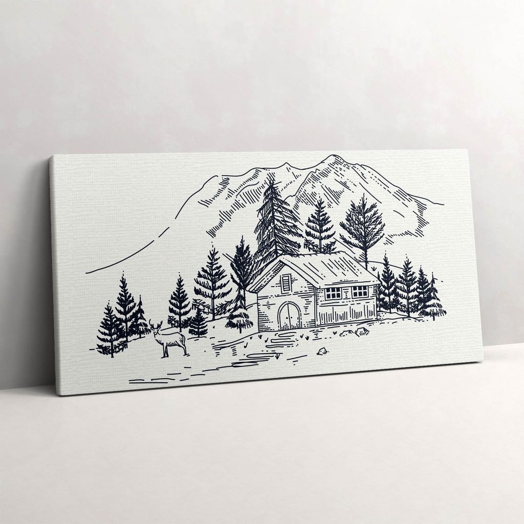 Zeichnung einer Hütte in den Bergen – Leinwandbild Wandbild – 140x70 cm – Leinwandbilder – Wandbilder – Schlafzimmer – Flur
