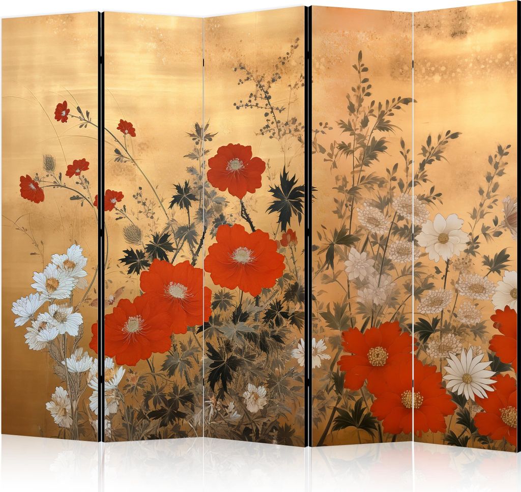 Neuheit! Dekorativer Paravent Raumteiler Trennwand Foto-Paravent Spanische Wand XXL 225x172 cm Retro Rot Blumen Gänseblümchen b-H-10005-z-b