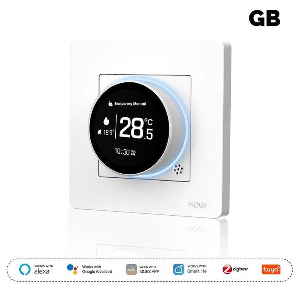 Smart Ring Thermostat - Drehregler Thermostat für Elektroheizung - LED-Digitalanzeige - App- & Bluetooth-Steuerung - AC/DC - Weiß