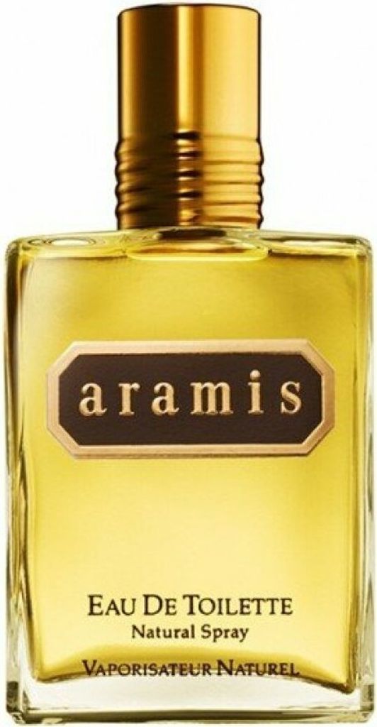A close-up studio shot of an Aramis Eau de Toilette bottle.