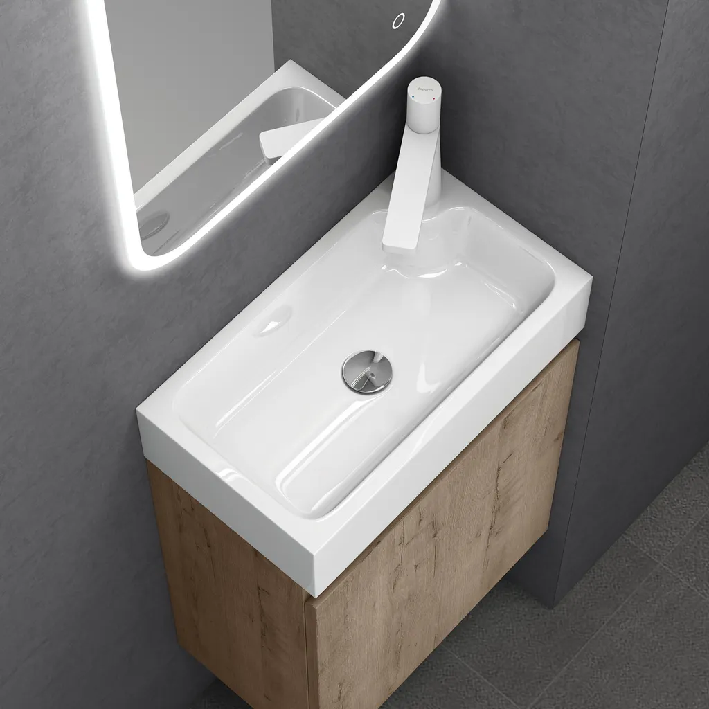 Ensemble Lave-mains Chêne Clair 46cm et Vasque en Solid Surface Pisa - 5
