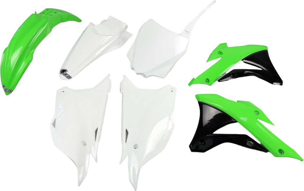 Verkleidungskit UFO PLAST 7-teilig Verkleidungssatz Kunststoff für Kawasaki KX 80 / 85 ccm Bj. 2014 - 2021, Farbe:weiß / grün / schwarz