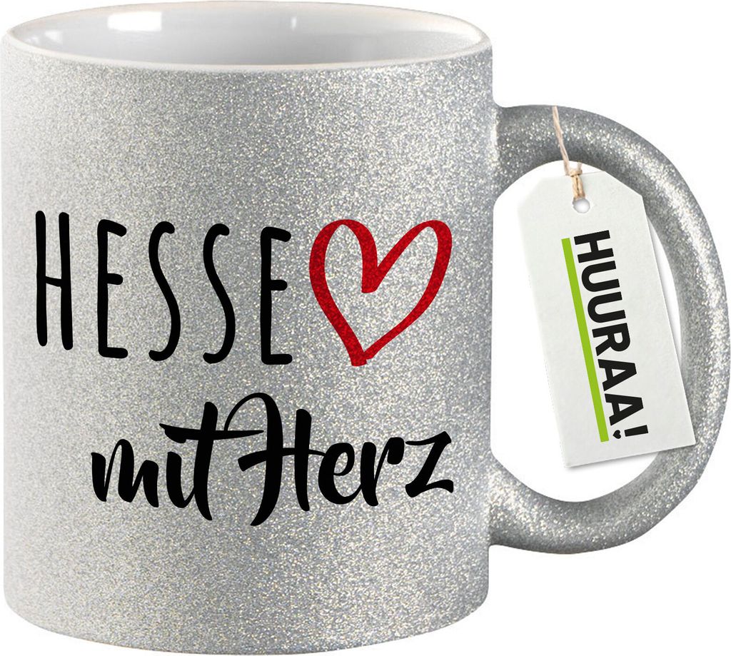 Huuraa Glitzertasse Hesse mit Herz 330ml Silber Keramik Kaffeebecher Geschenkidee