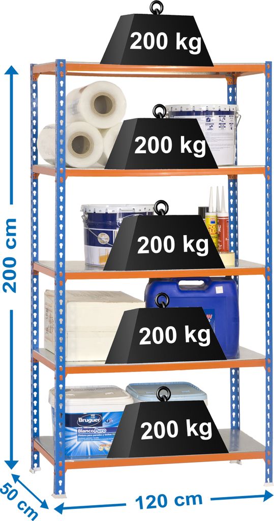 PROREGAL Schwerlastregal BIG METAL SHARK | HxBxT 200x120x50cm | Fachlast 200kg | Blau-Orange
