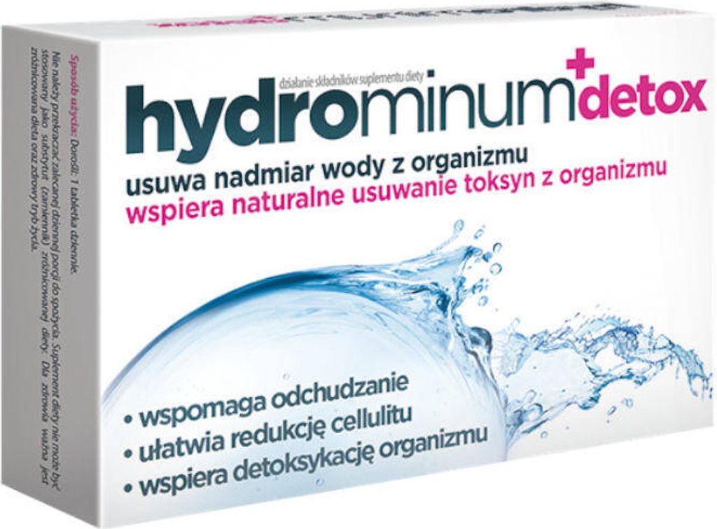 A product box for Hydrominum + Detox dietary supplement, featuring water splash graphics.