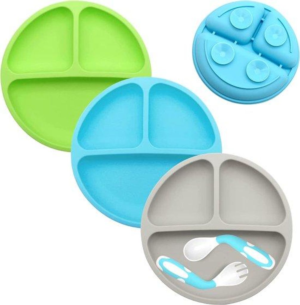 Silikonische Tellerplatte mit Fächern - Selbstfütterungs-Trainingsunterlage für Kinder mit Non-Slip-Beschichtung und Saugnäpfen