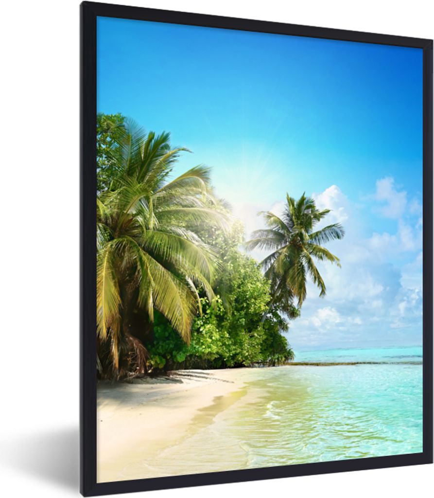 MuchoWow Gerahmtes Poster Meer - Palme - Strand - Tropisch - Blau - Grün 30x40 cm - Poster mit Schwarzem Bilderrahmen Wandposter Rahmen Foto Bil...