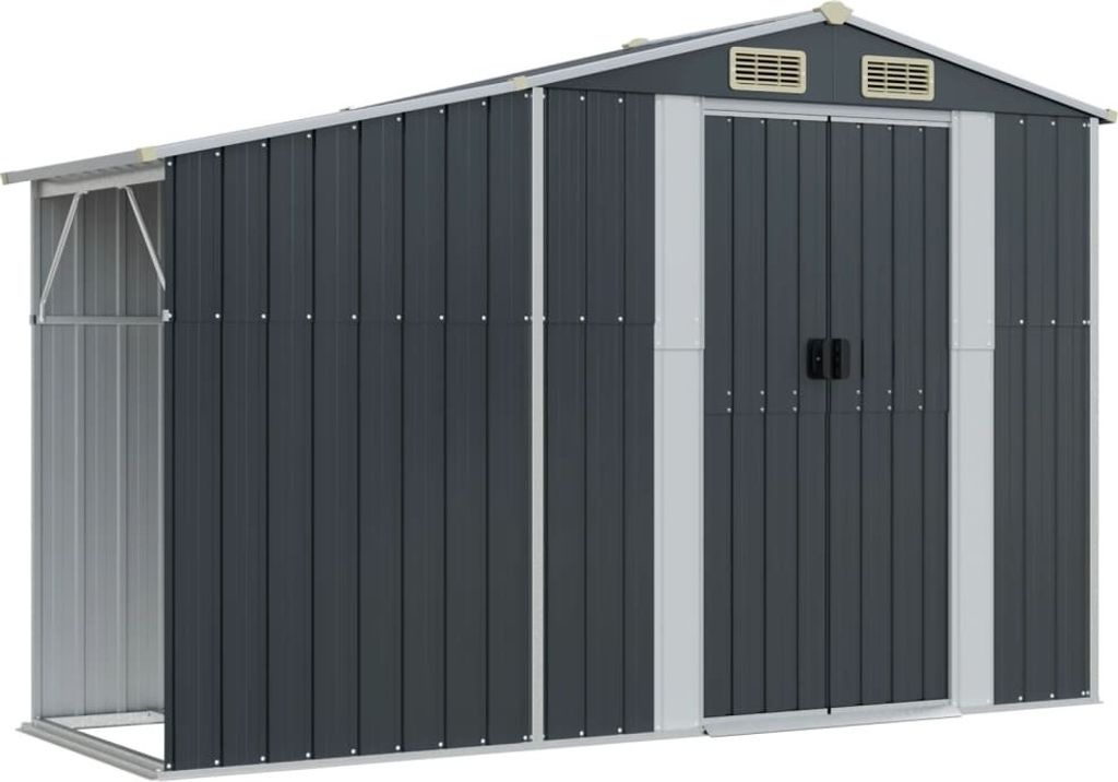 A dark gray metal garden shed with a silver trim and double doors.