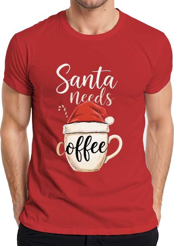 Santa needs coffee Weihnachtsmann lustig Kaffee Geschenk Herren T-Shirt, Rot, XL