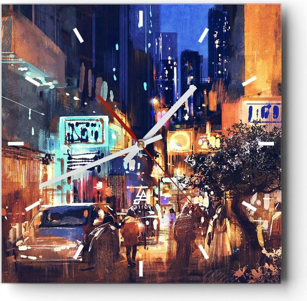 Wanduhr - Quadrat - Glasuhr - Auto Menschen Restaurant Nachtleben - 30x30cm - Schleichendes Uhrwerk - Lautlos - zum Aufhängen bereit - Dekoration ...