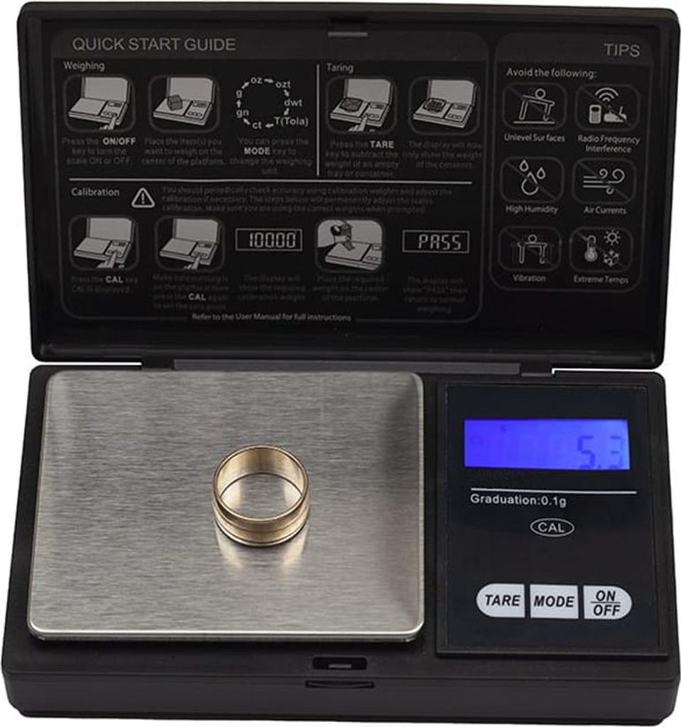 DEPOX Digitale Taschenwaage, Spezialgewicht, LCD-Anzeige, Kunststoffschutz, 13 cm, 500g maximal, schwarz