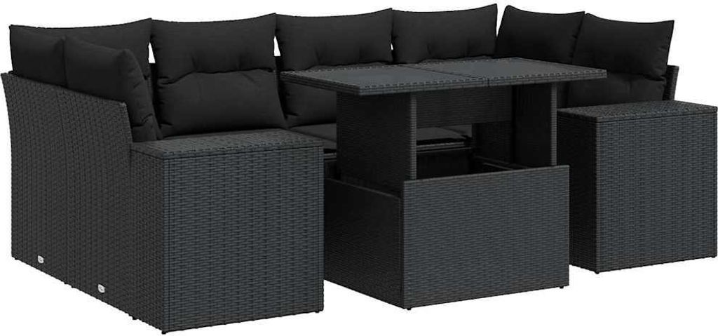 vidaXL 7-tlg. Garten-Sofagarnitur mit Kissen Schwarz Poly Rattan