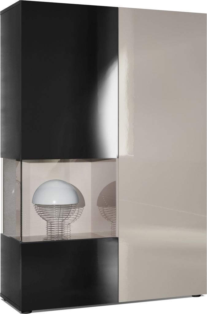 Vladon Vitrine Kommode Hochschrank Morena, Germany, Korpus in Schwarz matt / Rechte Tür und der Einsatz in Sandgrau Hochglanz