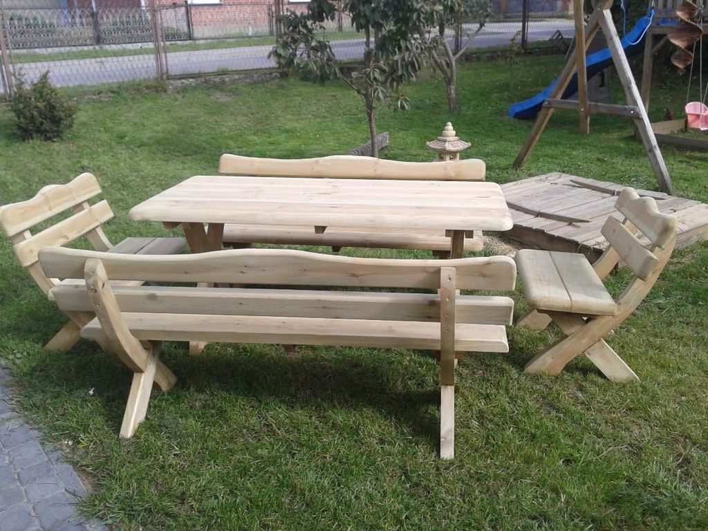 Holz-Gartenmöbel Set – Tisch 170cm + 2 Bänke 170cm und 2 kleinere Bänke 90 cm , Naturholz