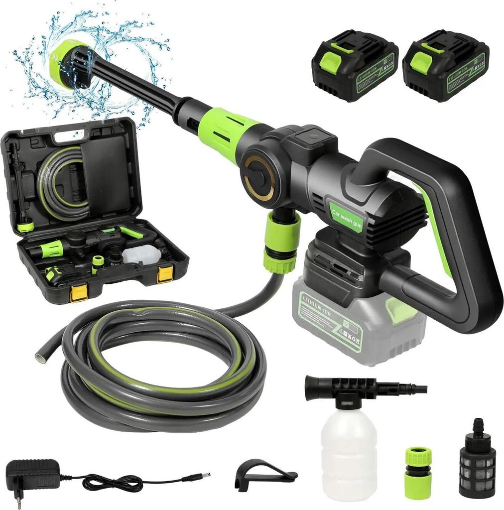Hochdruckreiniger - Kabellose 6‐in‐1 Auto-Waschpistole - 1200 W - 200 Bar - Bürstenloser Motor - 2 Akkus - 5 Kupferdüsen - Schaumkanone - Grün