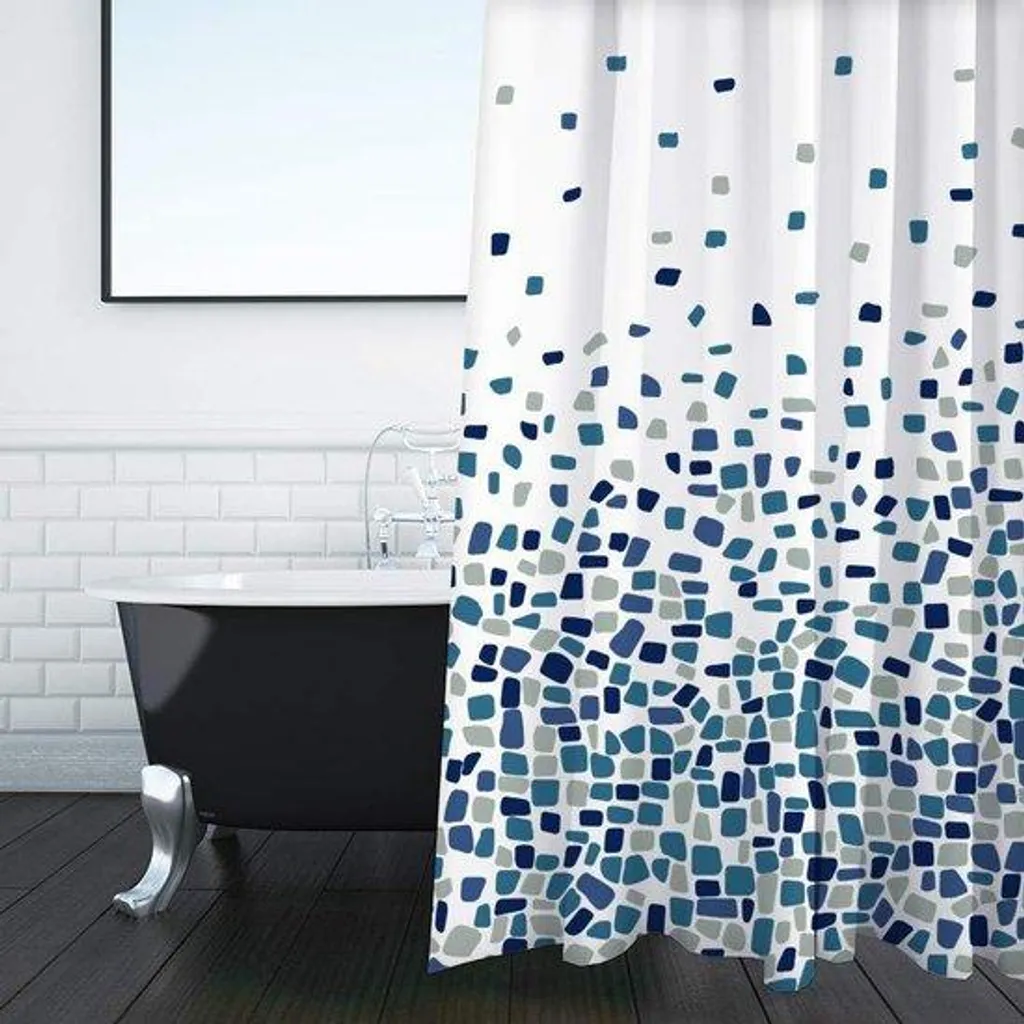 Rideau de douche bleu mosaïque 180x180 cm anti-moisissure en polyester