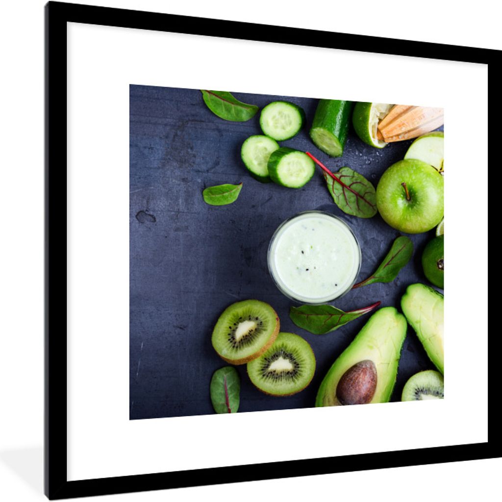 MuchoWow Gerahmtes Poster Smoothie - Obst - Grün 40x40 cm - Poster mit Schwarzem Bilderrahmen Wandposter Rahmen Foto Bilder - Poster - Plakat im...