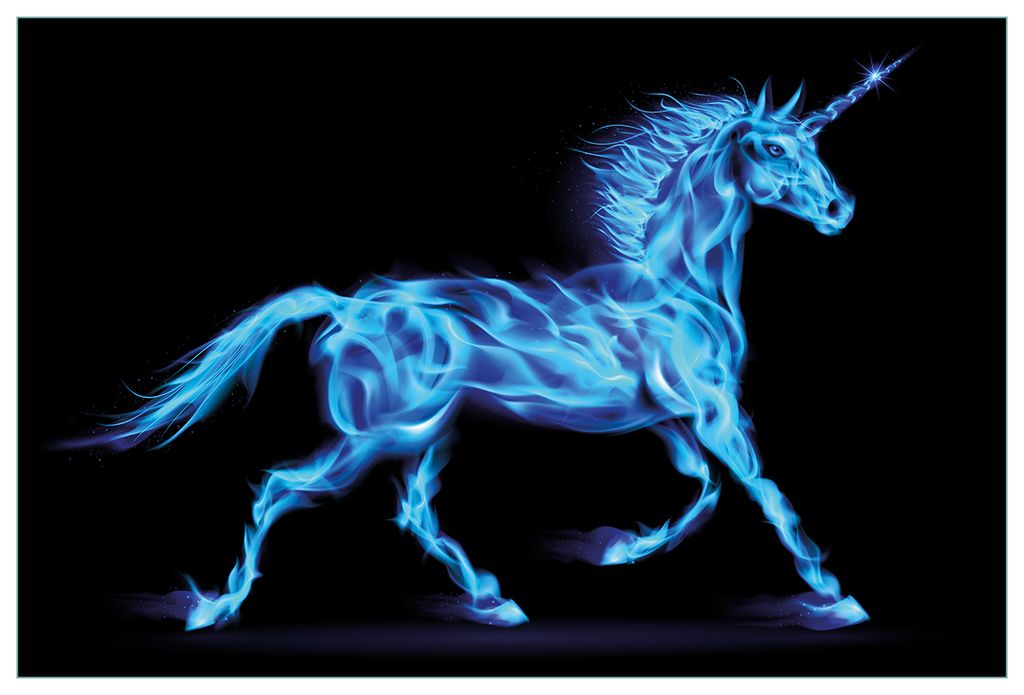 Wallario Küchenrückwand aus Glas, Größe: 90 x 60 cm, Motiv: Design Einhorn - aus blauen Flammen | Spritzschutz | abwischbar | pflegeleicht | in