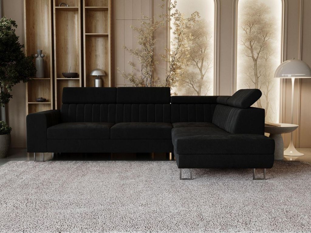 GrainGold Ecksofa L-Form Rechts Berona - Ecksofa mit Schlaffunktion und Bettkasten - Moderne Ecksofa, Wohnzimmer Ecksofa - Eckcouch Schwarz (Royal 31)