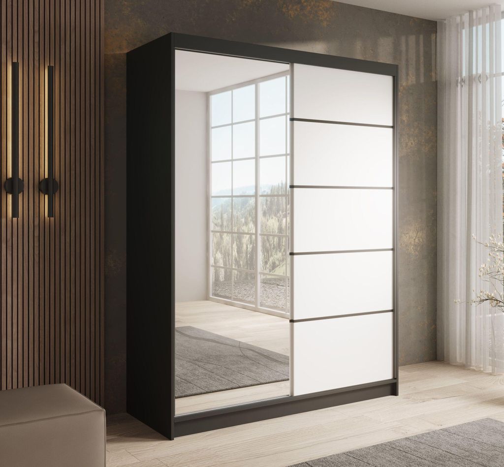 Schwebetürenschrank 2-türig Schrank, Spiegeltür,Garderobe Schiebtüren Schlafzimmer - Schiebetürenschrank CAMBRIA 150 - Schwarz + Weiß