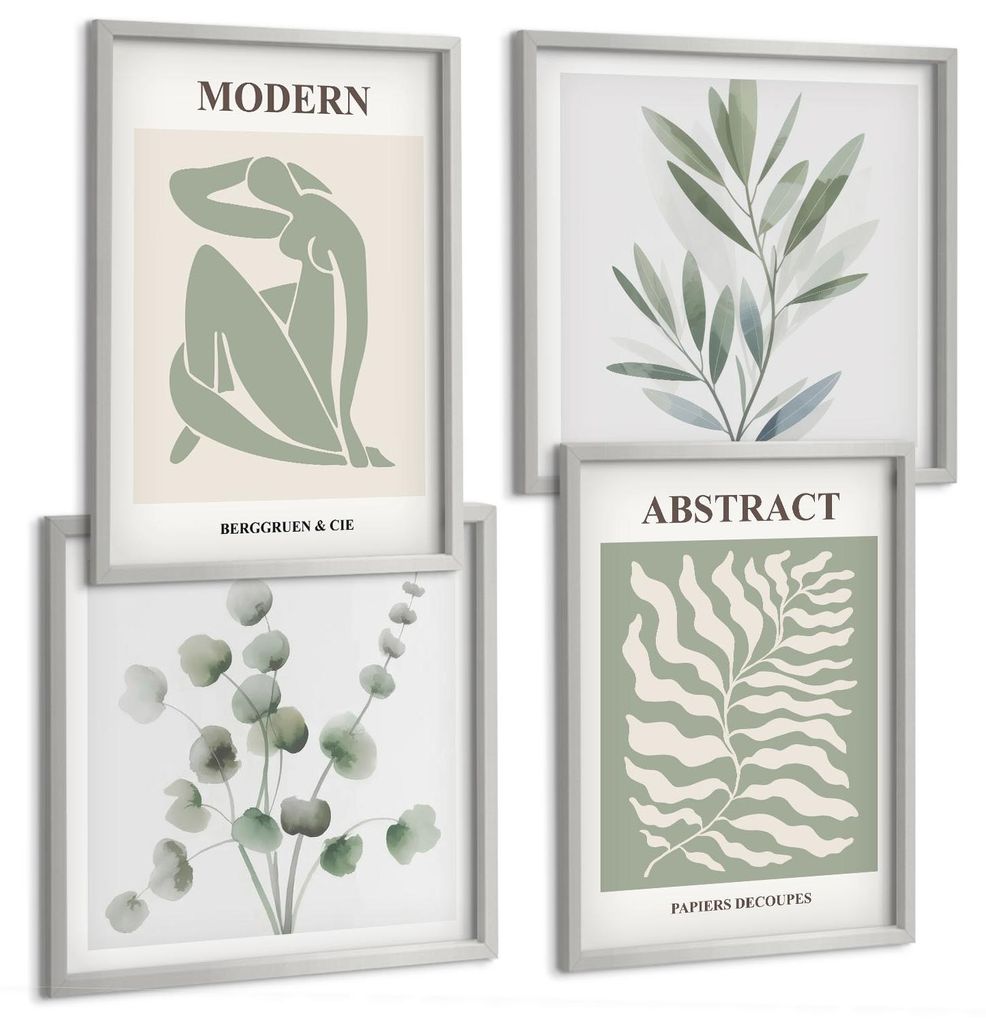 Bilder Set 4-teilig im silbergerahmten Rahmen – Wandbilder 4 Stück – gerahmte Poster für Wohnzimmer, Schlafzimmer und Flur – 50x50 cm - 40x...