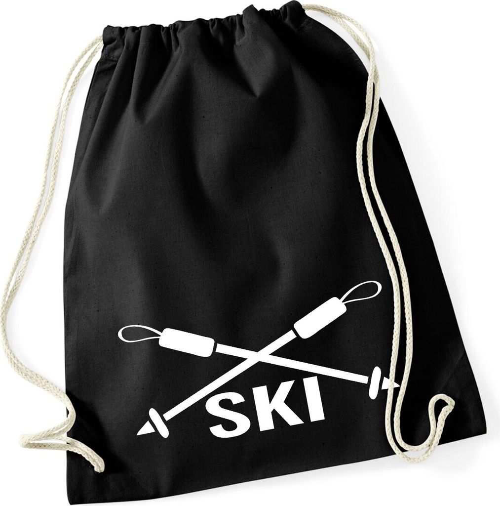 Huuraa Turnbeutel Ski Schriftzug 12 Liter Black Baumwolle Rucksack Geschenkidee