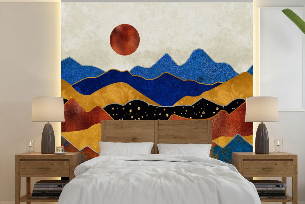 MuchoWow Fototapete für Wohnzimmer oder Schlafzimmer Wandtapete Vinyl Motivtapete Marmor - Gold - Blau - 240x240 cm - Schlafzimmer-Tapete