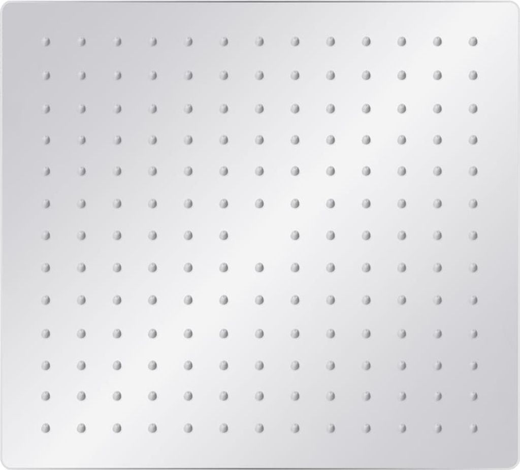 A close-up, top-down view of a square stainless steel showerhead with multiple small water jets.