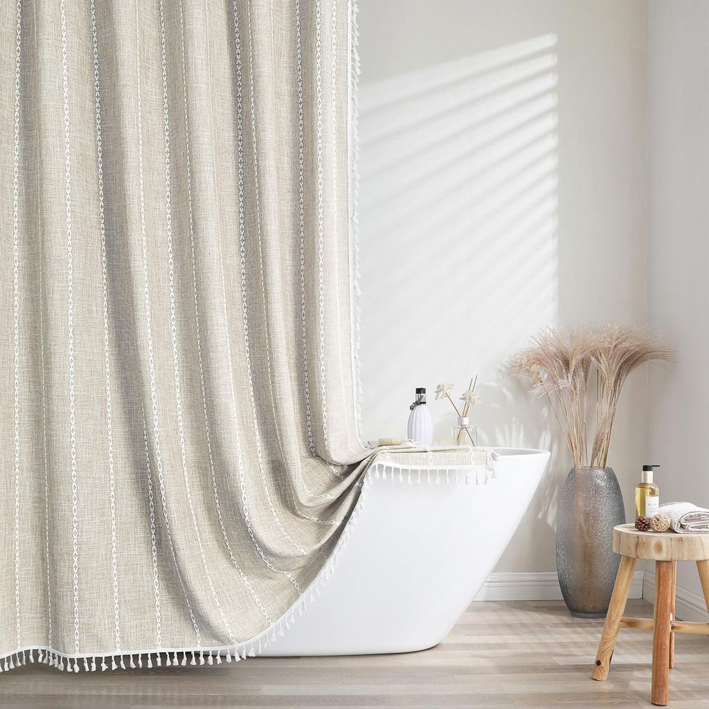 Gestreifter Duschvorhang im Boho-Stil (Landhausstil), Duschvorhang-Set aus gewebtem Leinen mit 12 Haken, wasserdichter, rustikaler Duschvorhang im ...